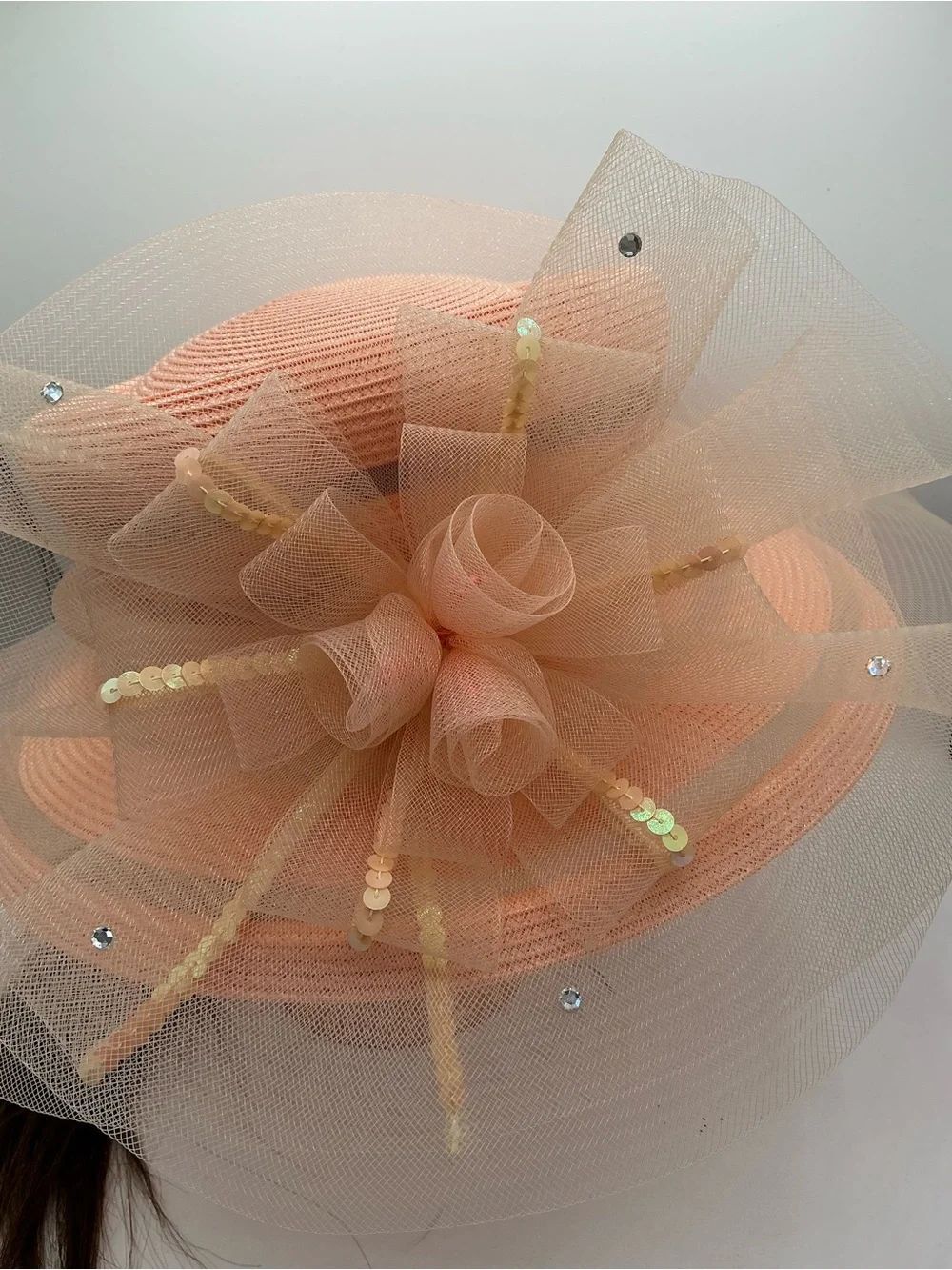 Classic Peach Tulle Floral Fascinator Hat